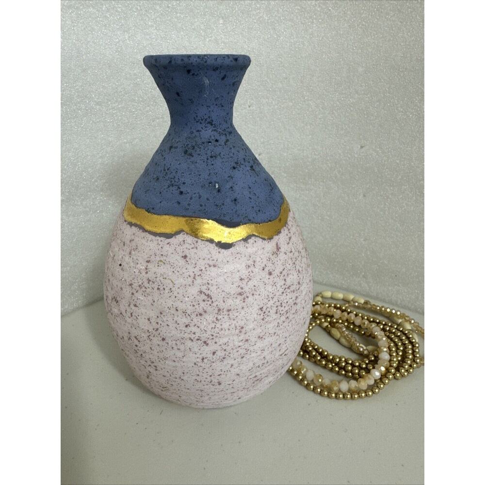 Studio Art Pottery vase MD Signed Mid Century Heavy Blue Pink Gold Strip - Picture 12 of 15